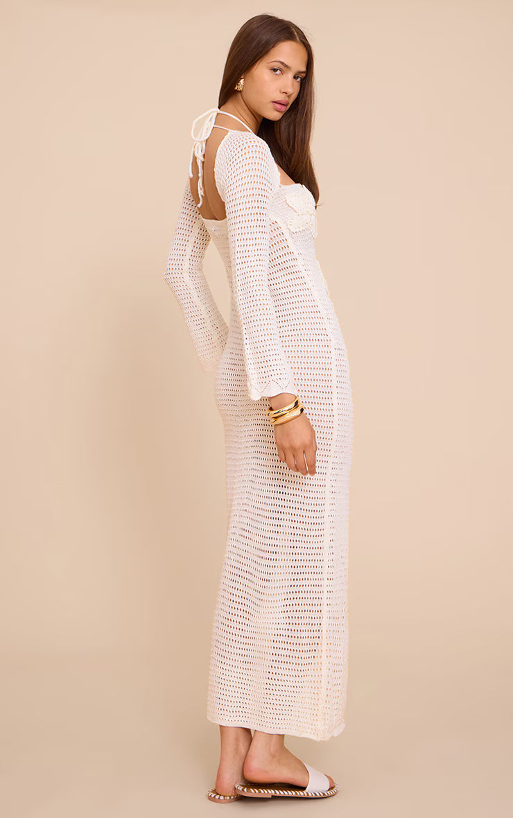 Ecru Flower Applique Long Sleeve Crochet Maxi Dress