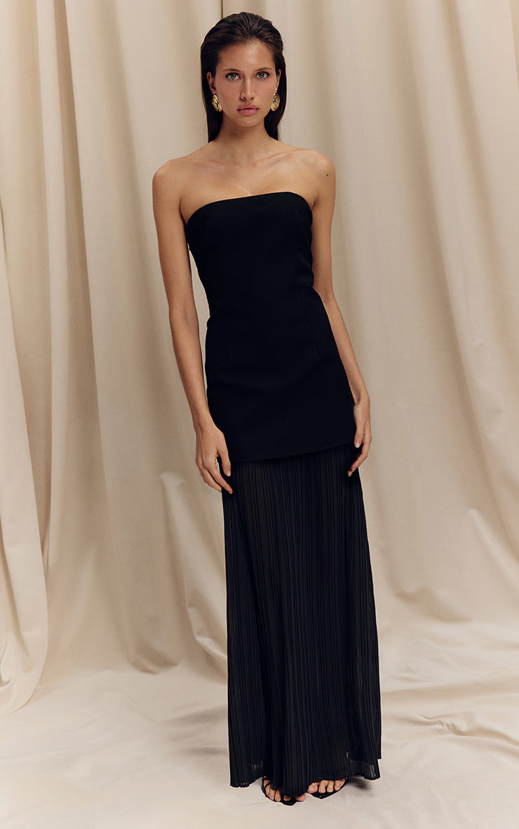 Black Bandeau Pleated Chiffon Skirt Panel Maxi Dress