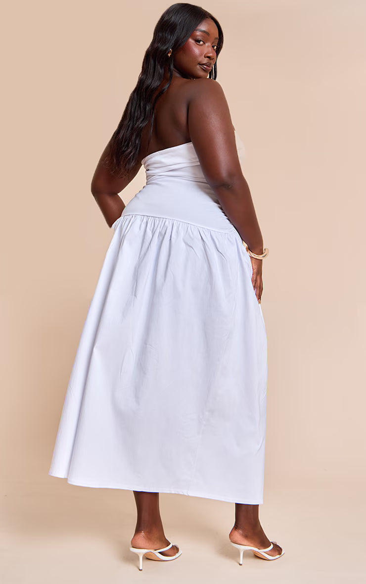 Plus White Stretch Woven Bandeau Ruched Maxi Dress