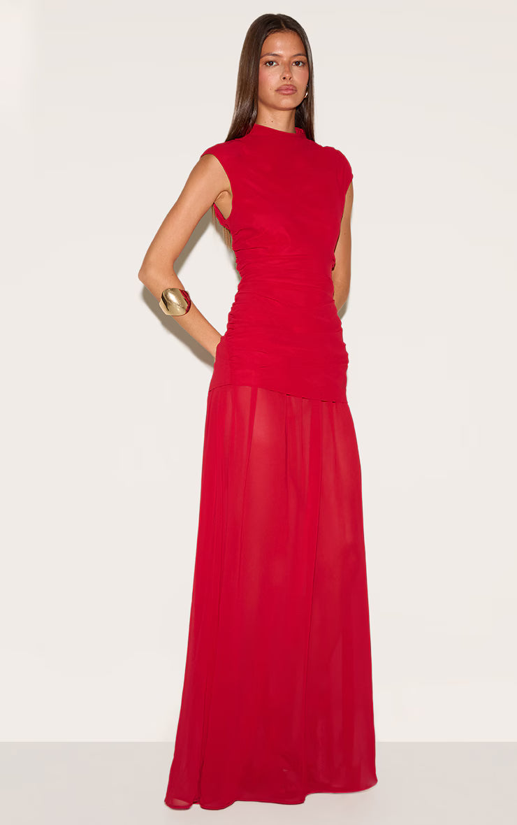 Red Chiffon Ruched Dropped Waist Sleeveless Maxi Dress