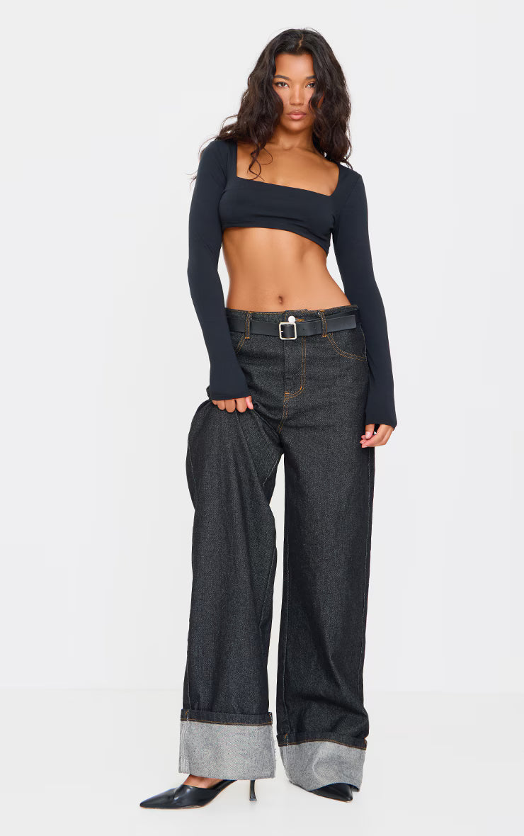Black Contour Jersey Cropped Square Neck Top