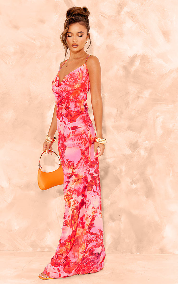 Pink Floral Print Sheer Chiffon Lace Up Back Maxi Dress
