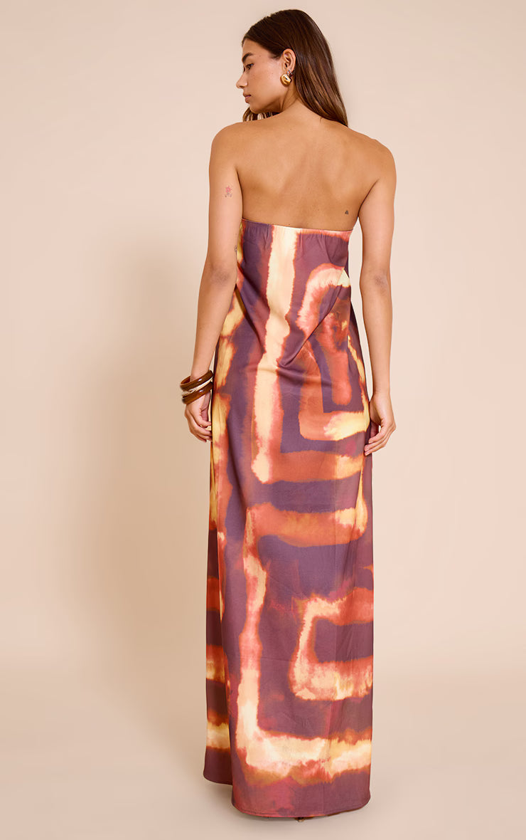Deep Orange Tie Dye Print Floaty Woven Bandeau Maxi Dress