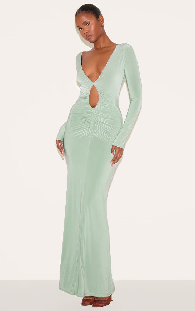 Sage Green Double Layer Plunge Ruched Maxi Dress