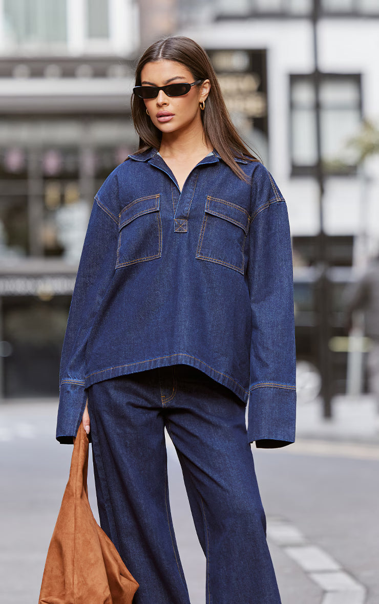 Indigo Contrast Stitch High Waist Wide Leg Jeans