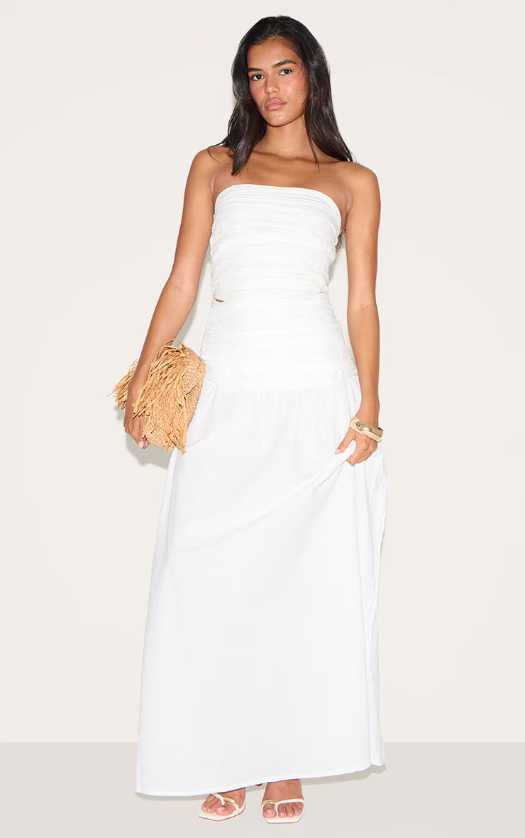White Cotton Poplin Ruched Front Bandeau Top