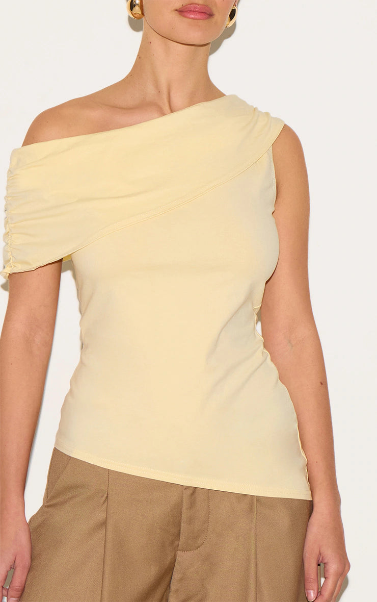 Almond Fold Over Cotton Asymmetric Hem Long Top