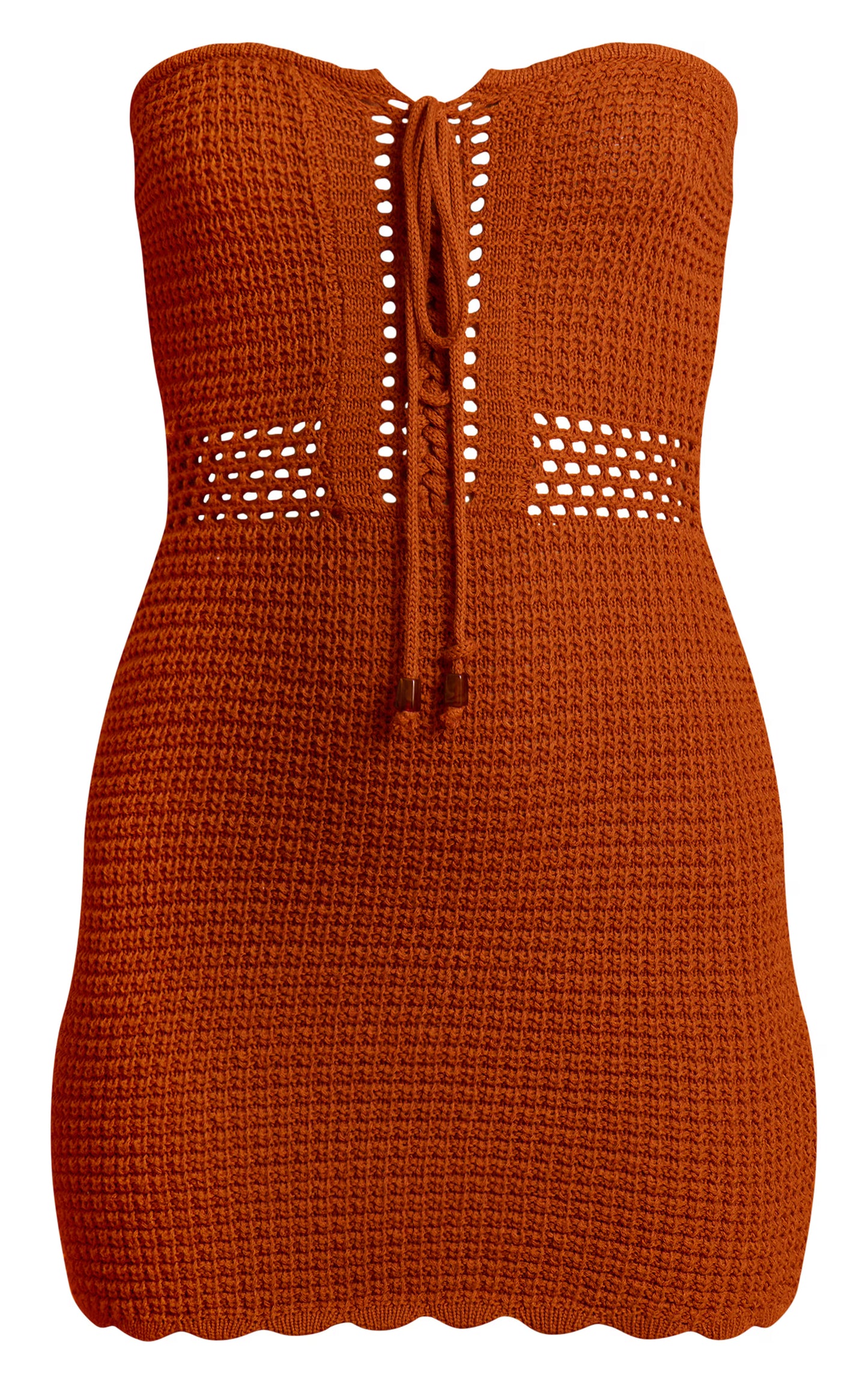 Burnt Orange Crochet Knit Bandeau Front Tie Mini Dress