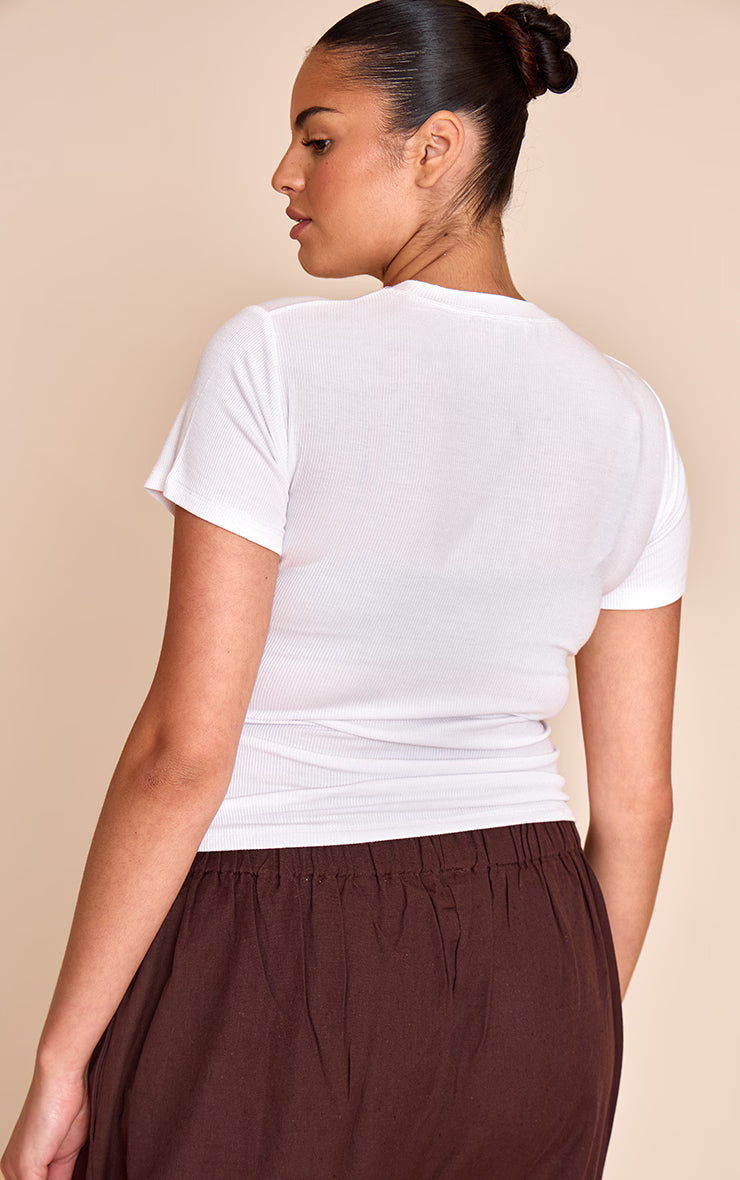 Plus White Soft Rib Crew Neck Short Sleeve Top