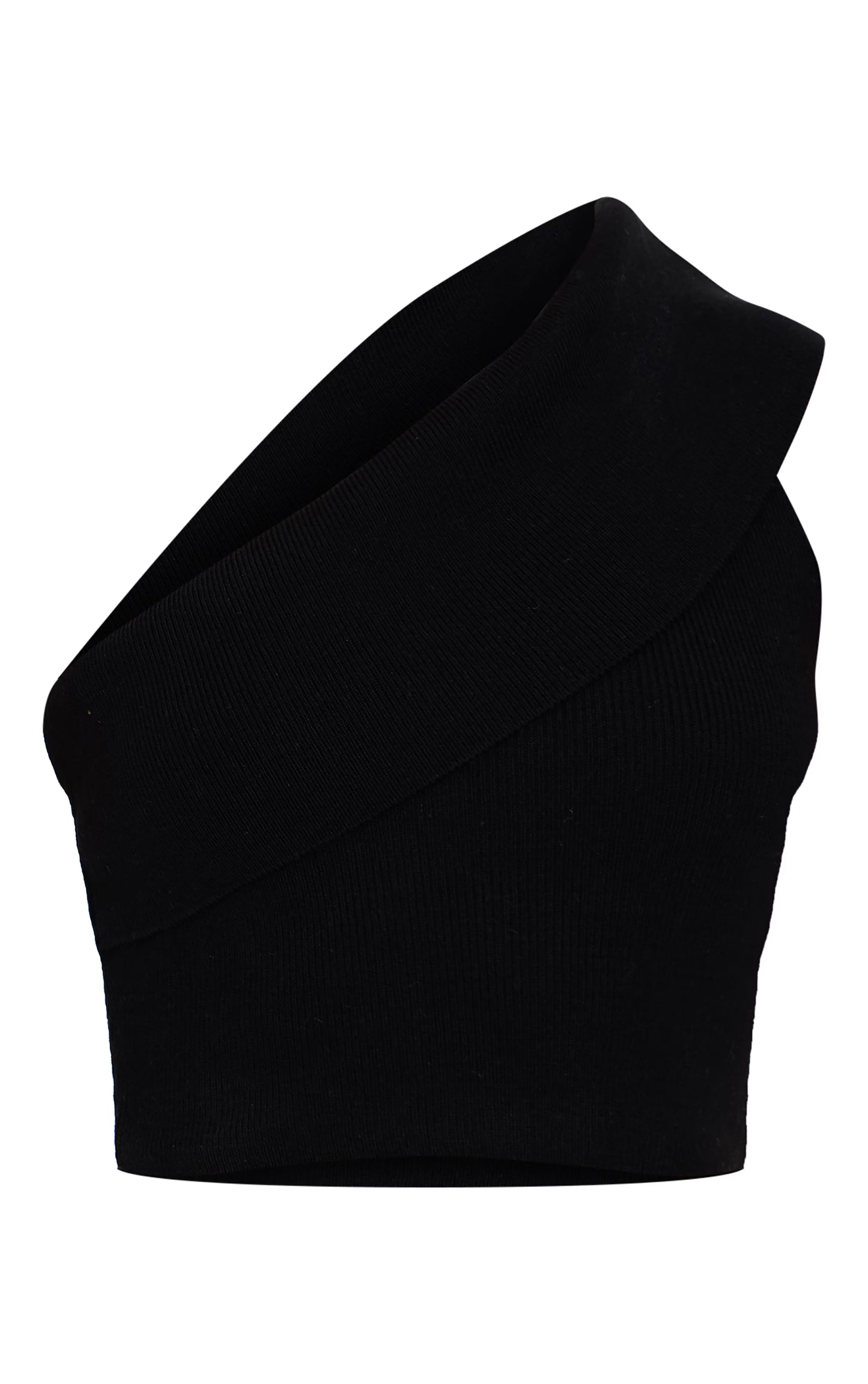 Black Soft Rib Knit One Shoulder Fold Over Crop Top
