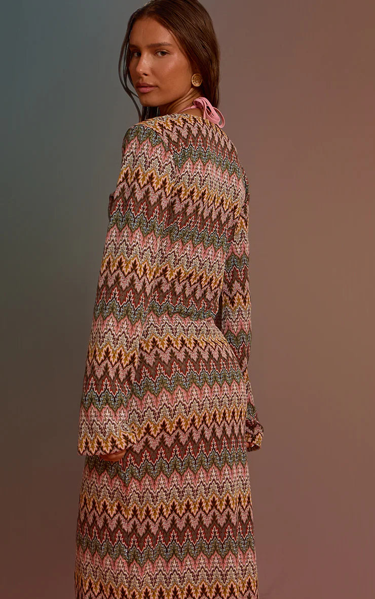 Multi Jacquard Long Sleeve Beach Maxi Dress