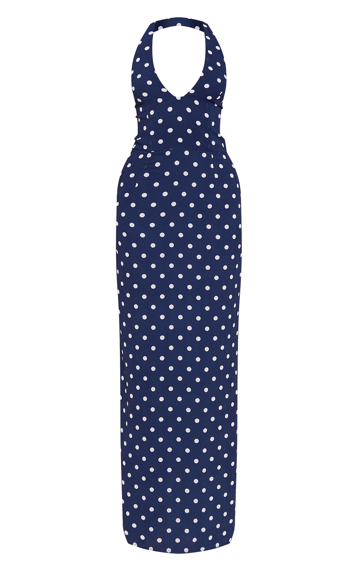 Navy And White Chiffon Polka Dot Printed Plunge Neck Maxi Dress