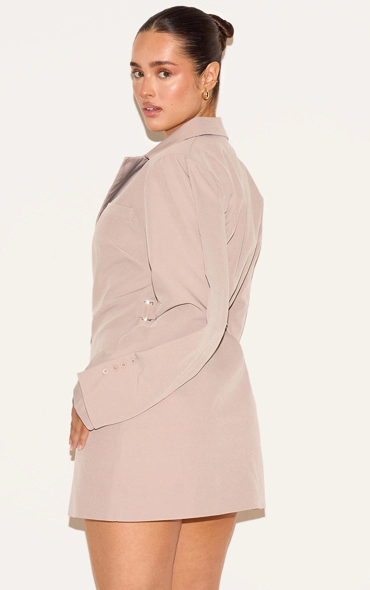 Shape Beige Woven Cinched Adjustable Waist Blazer