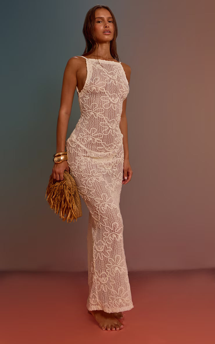 Cream Flower Applique Strappy Beach Maxi Dress