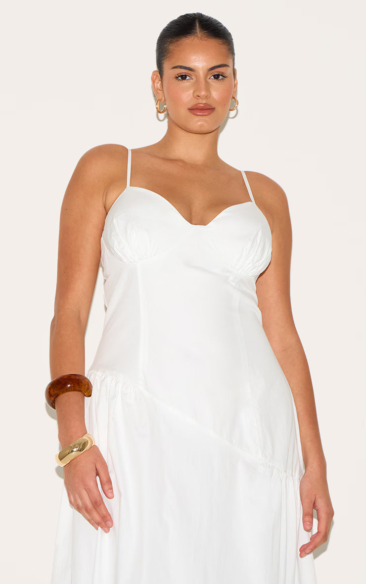 Plus White Plunge Asymmetric Detail Midaxi Dress