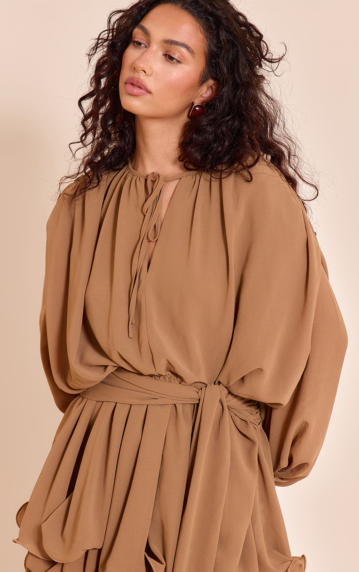 Chocolate Floaty Tie Detail Long Sleeve Shift Dress