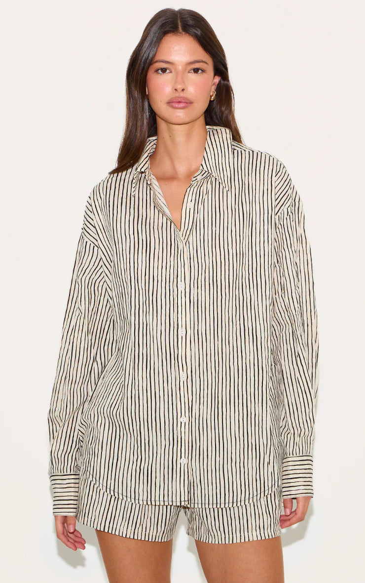 Black Striped Linen Look Floaty Shorts