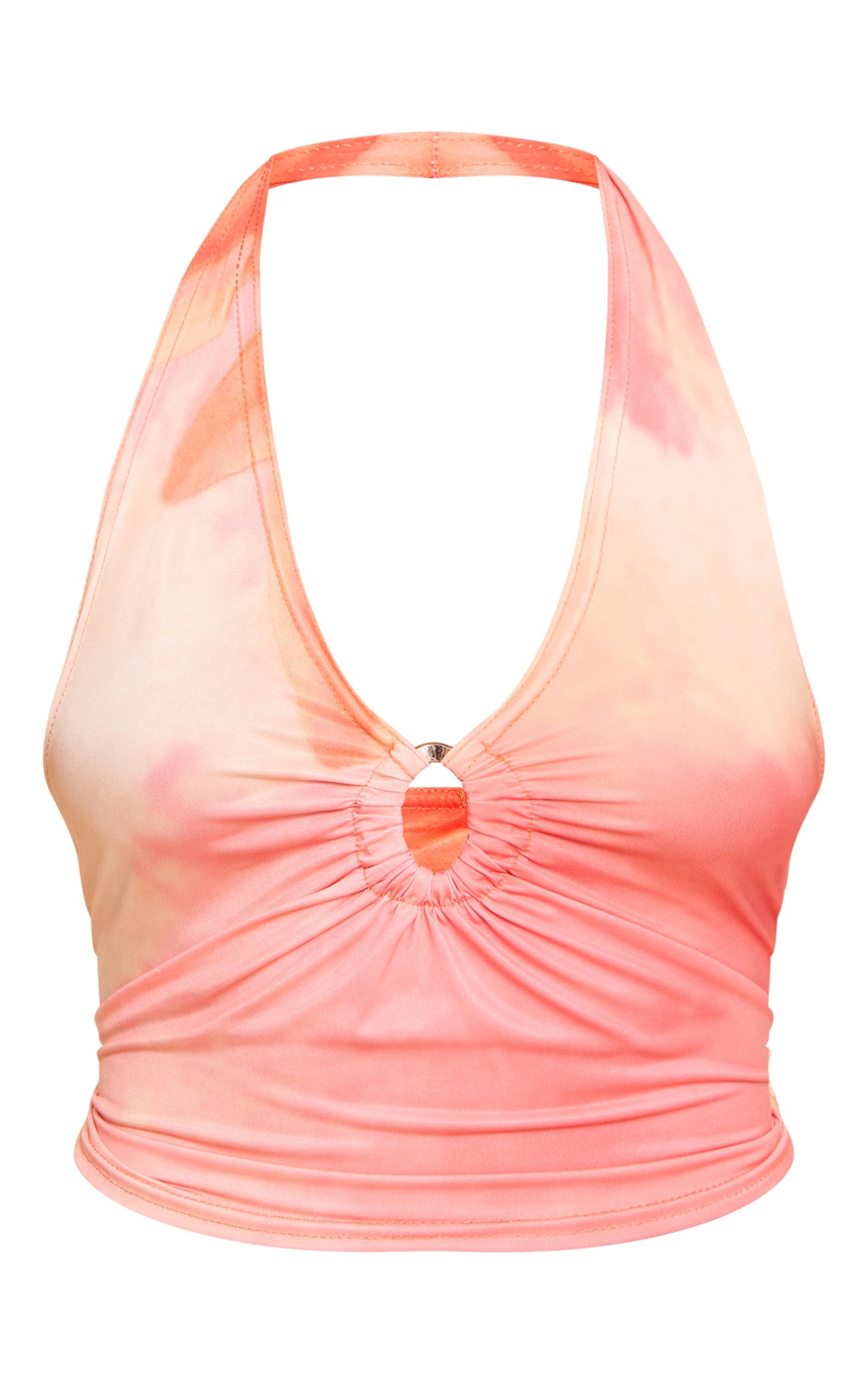 Orange Floral Print Gold Front Ring Detail Halterneck Tops