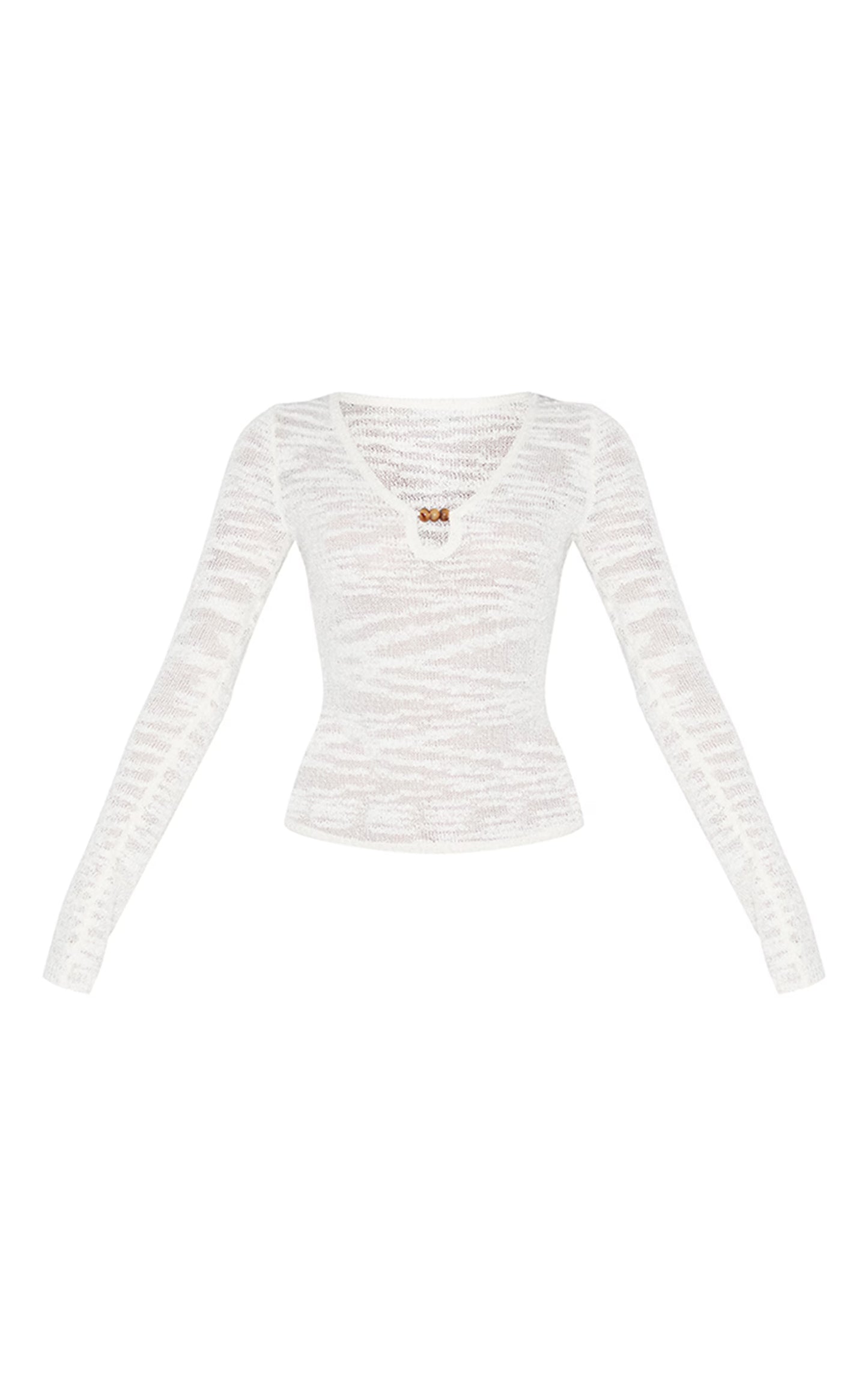Ecru Sheer Bobble Crochet Long Sleeve Beaded Keyhole Cut Out Top