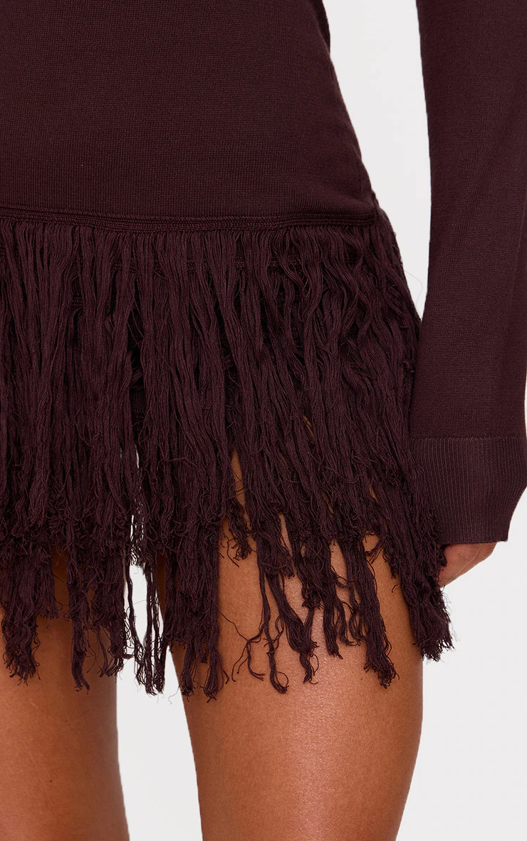 Cappuccino Fine Knit Fringe Hem Long Sleeve Micro Mini Dress