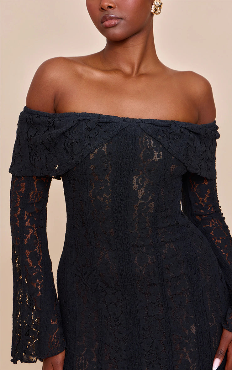 Black Lace Bardot Long Sleeve Mini Dress