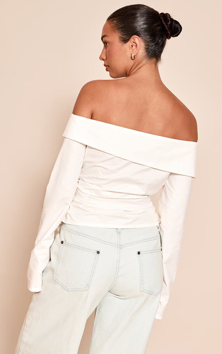White Cotton Ruched Asymmetric Hem Bardot Top