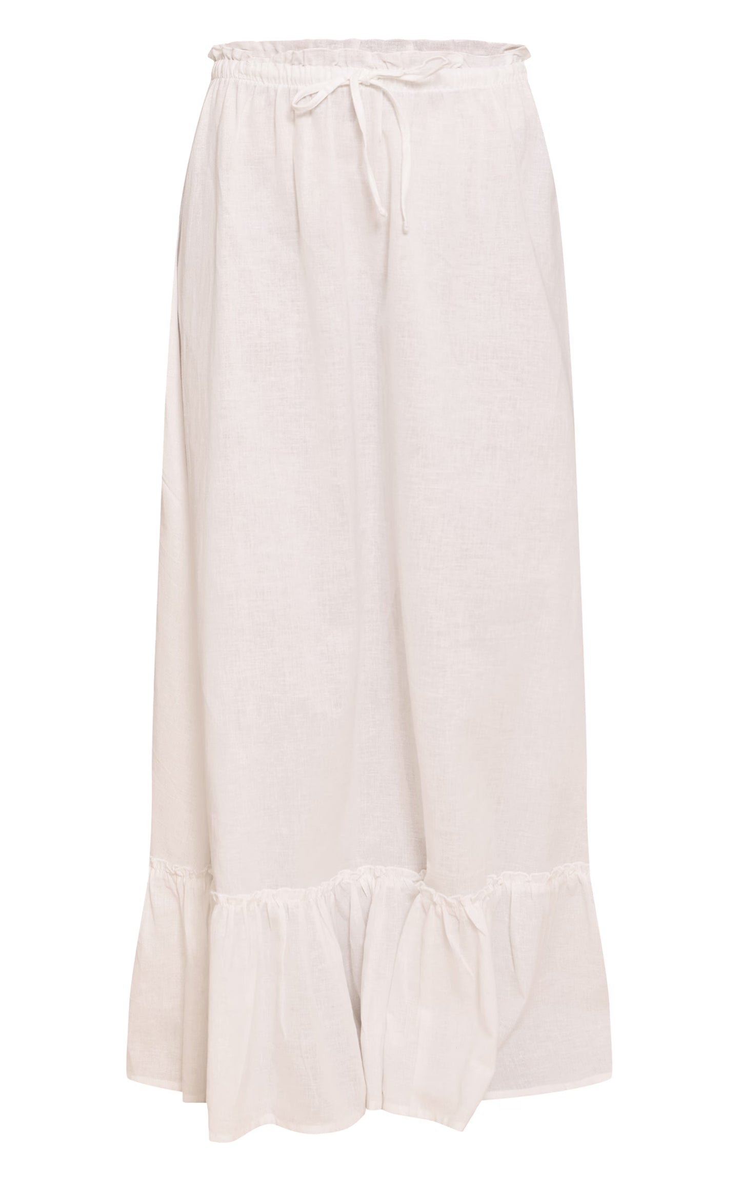 White Linen Blend Shirred Waist Maxi Skirt