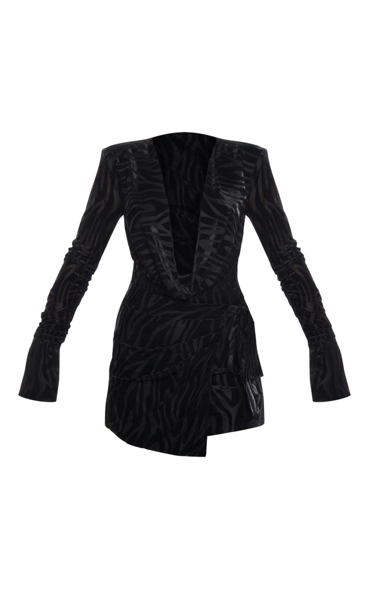 Black Zebra Devore Cowl Neck Wrap Bodycon Dress