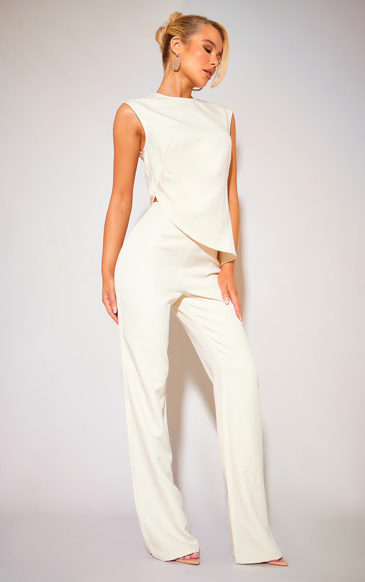 Cream Tailored Side Ruched Asymmetric Hem Longline Top