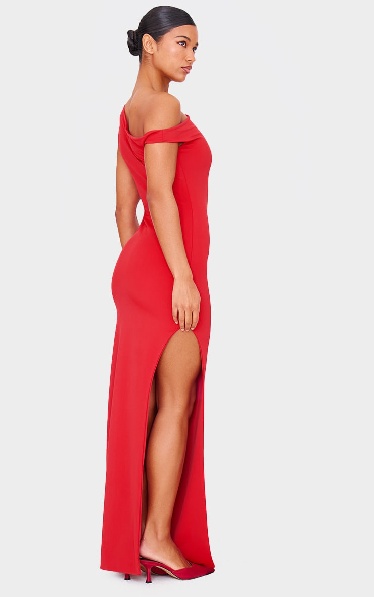 Red Matte Sculpt Asymmetric Neck Maxi Dress