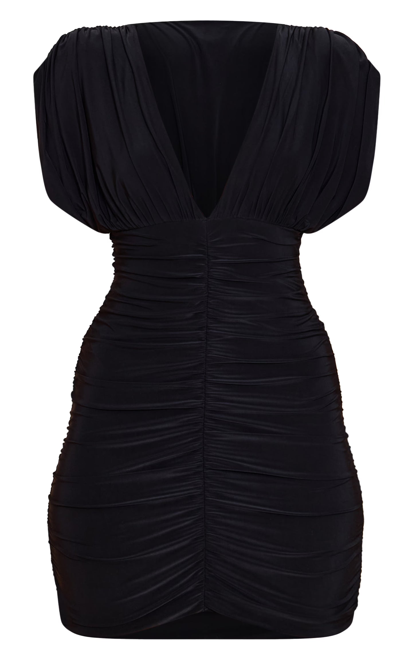 Black Double Layer Slinky Ruched V Neck Mini Dress