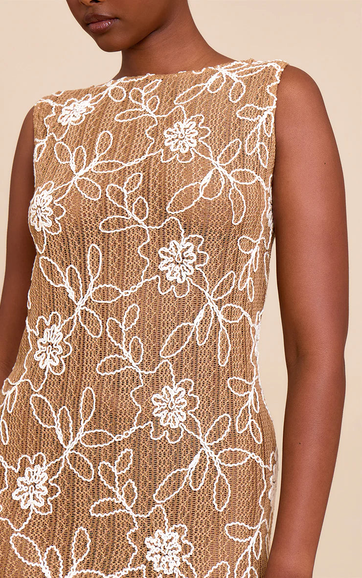 Tan Textured Floral Boat Neck Shift Dress