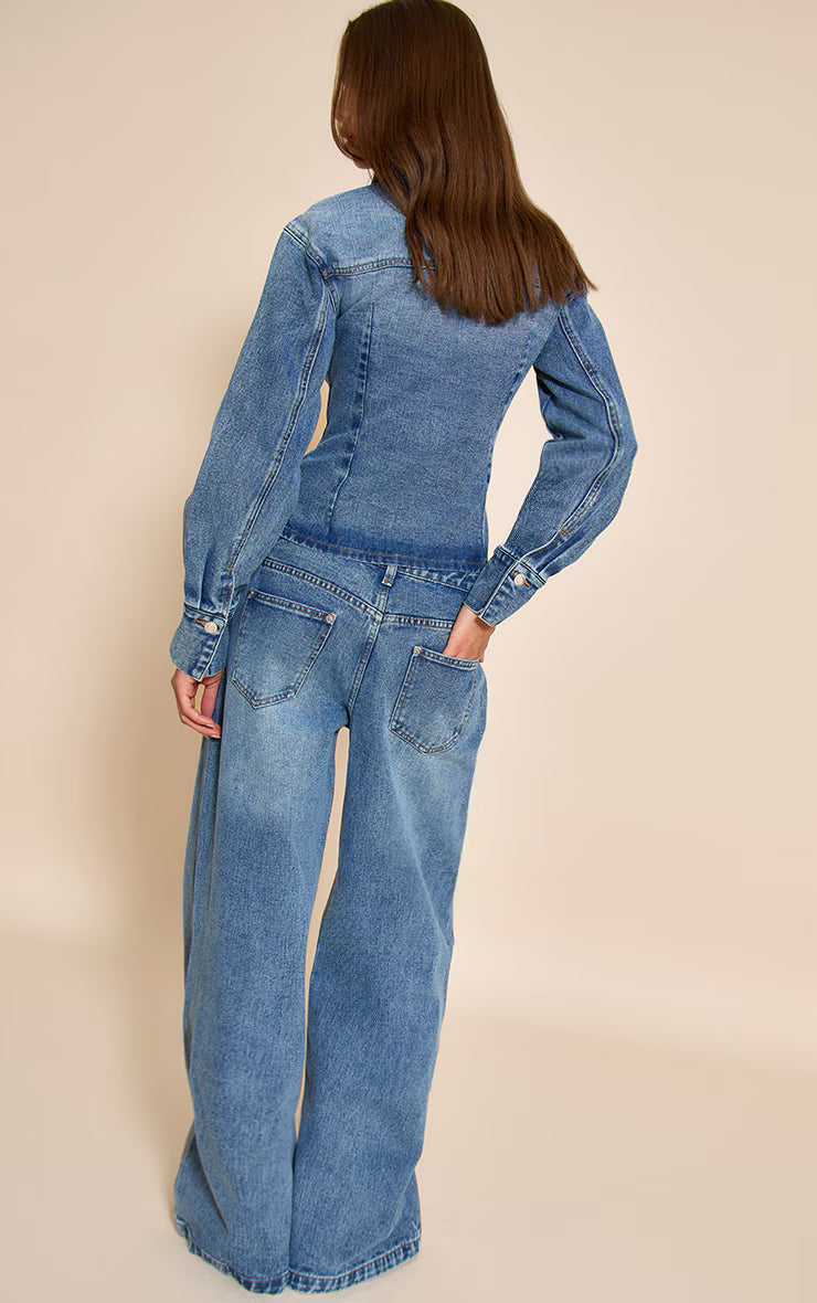 Mid Blue Wash Mid Waist Wide Leg Jeans