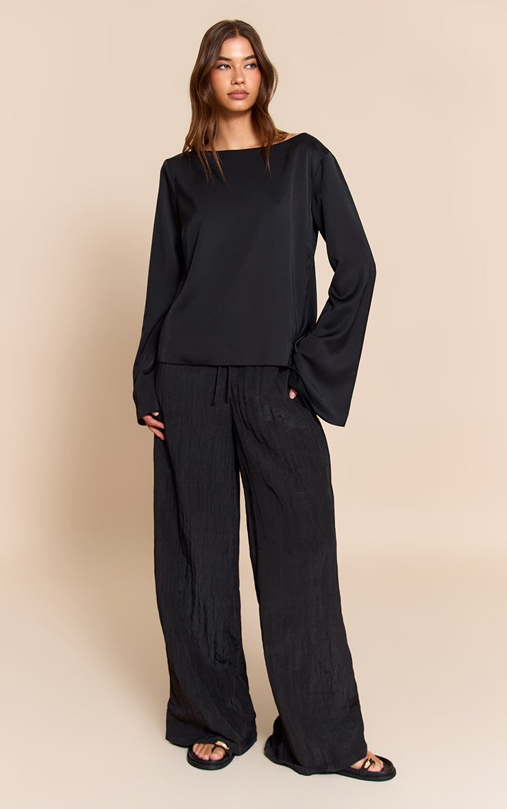Black Satin Boat Neck Flare Sleeve Top