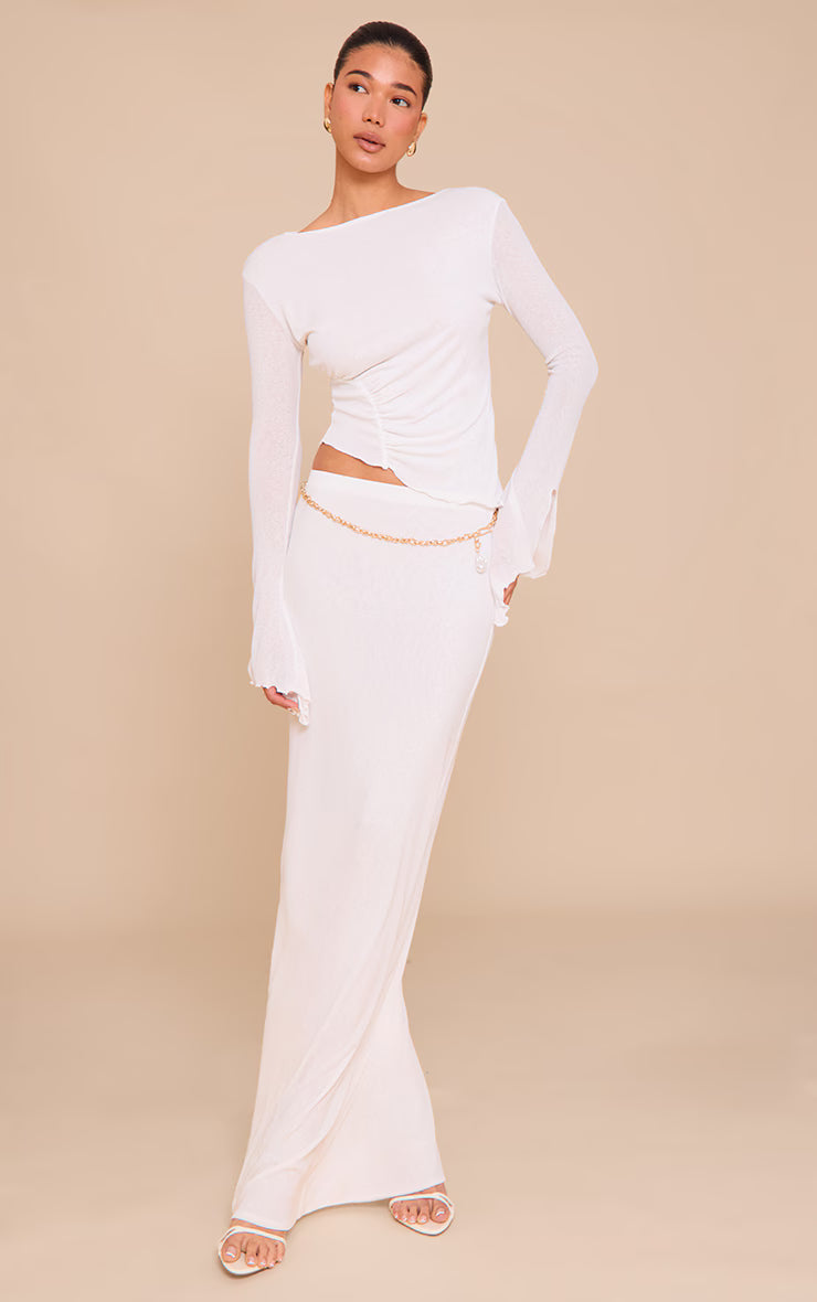 White Burnout Mesh Ruched Front Flared Sleeve Long Top