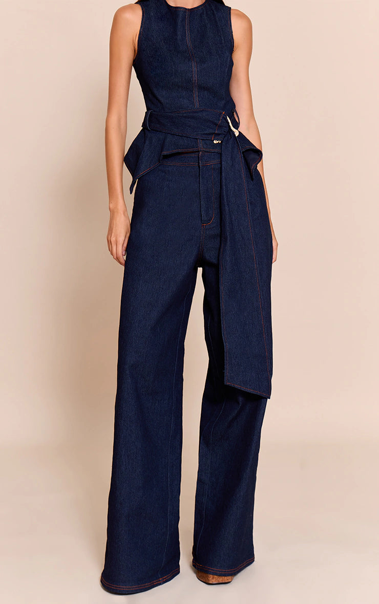 Indigo Blue Chambray Denim Wide Leg Pants