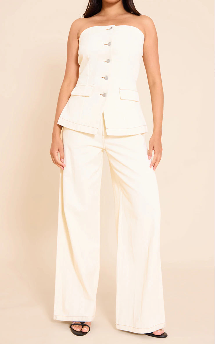 Ecru Tailored Style Wide Leg Jeans