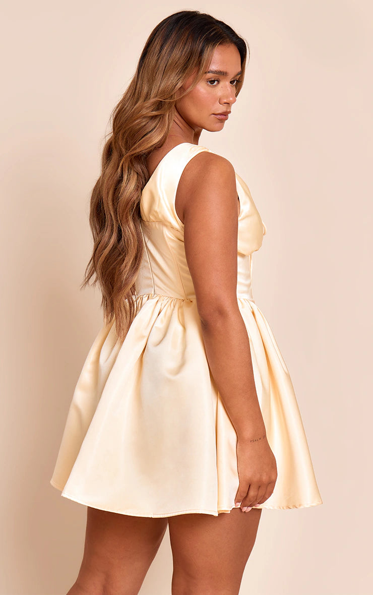 Shape Lemon Satin Plunge Front Cinched Waist Skater Mini Dress