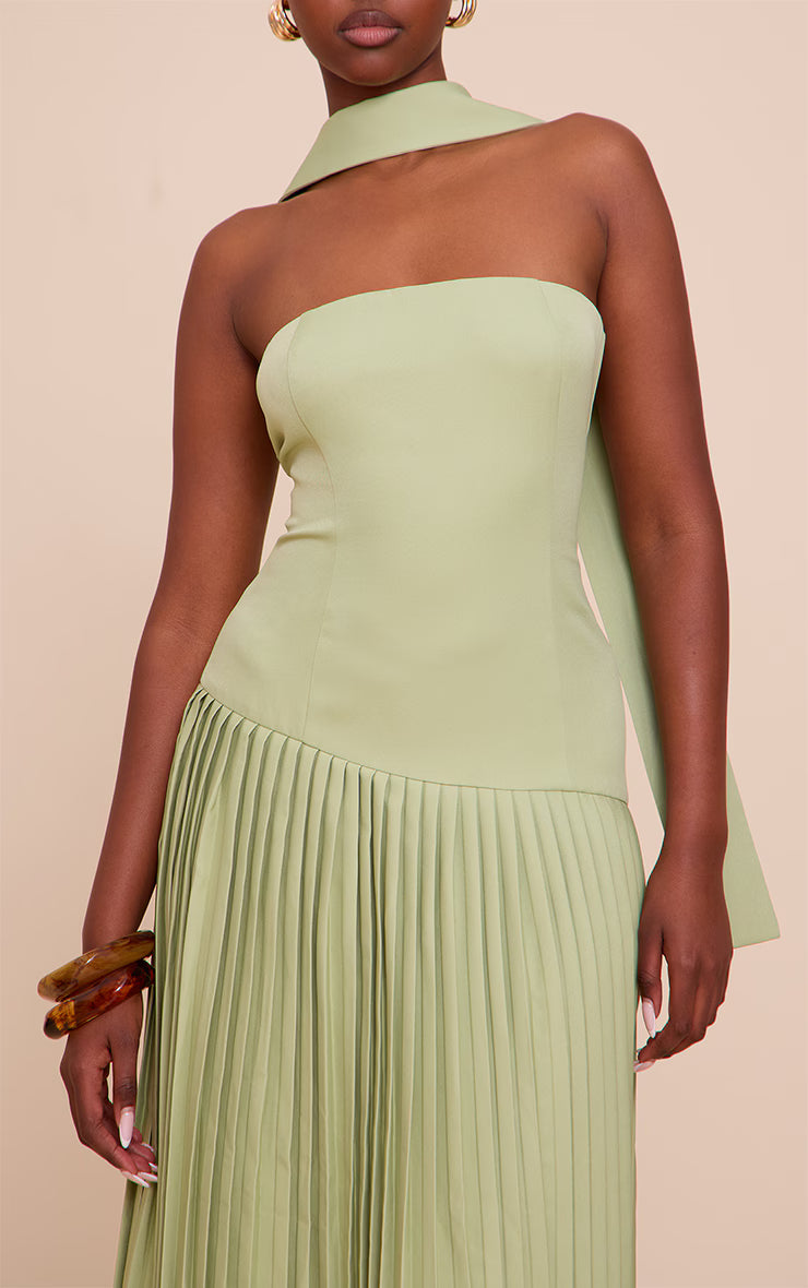 Sage Green Woven Asymmetric Pleated Maxi Dress