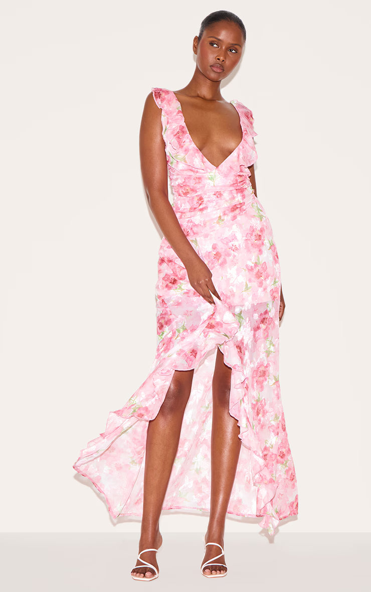 Pink Floral Chiffon Frill Plunge Strappy Maxi Dress