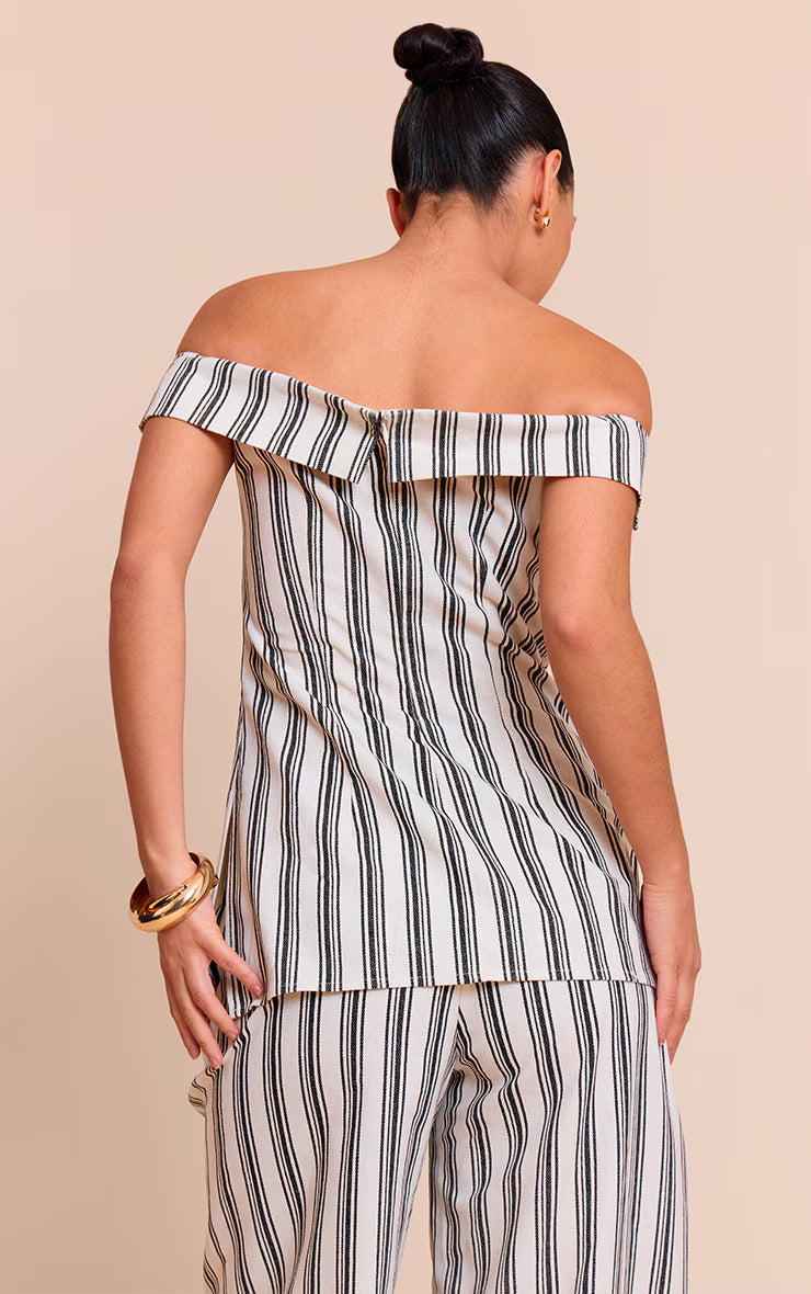 Natural Textured Stripe Fold Over Bardot Long Top