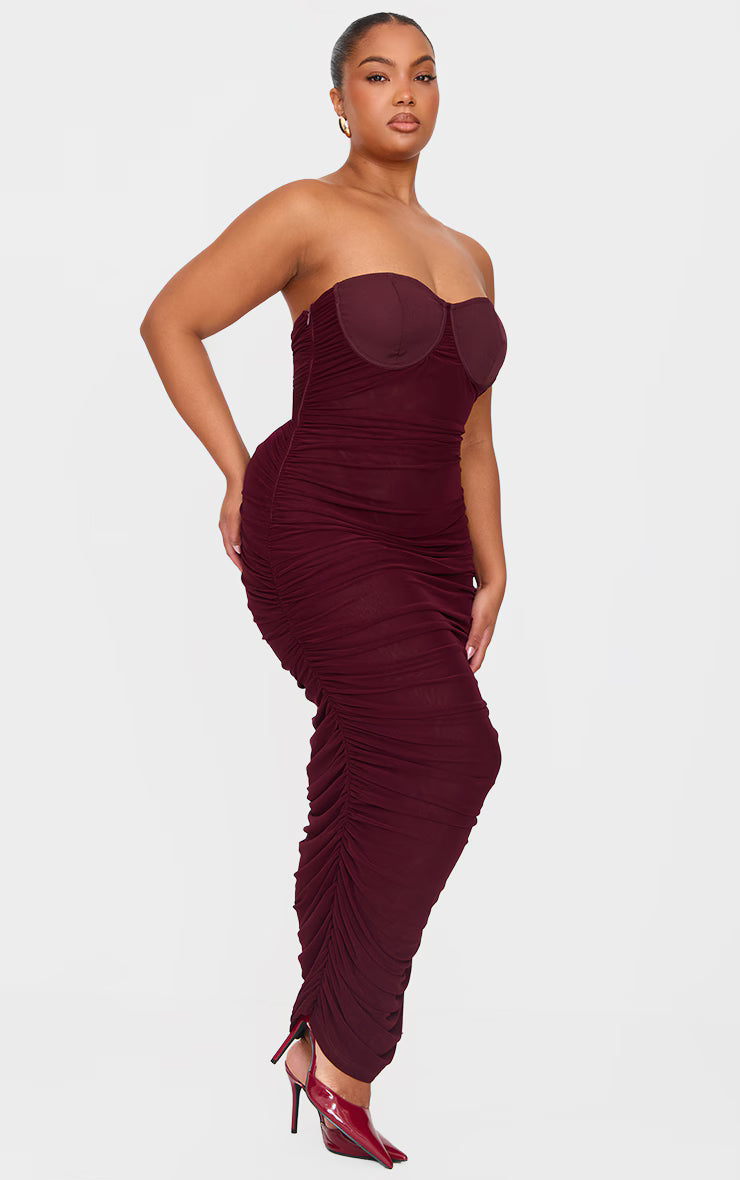 Plus Burgundy Mesh Ruched Cup Detail Maxi Dress