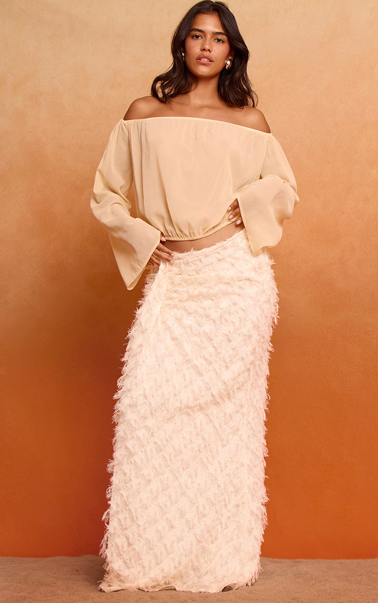 Butter Cream Chiffon Ruched Bardot Blouse