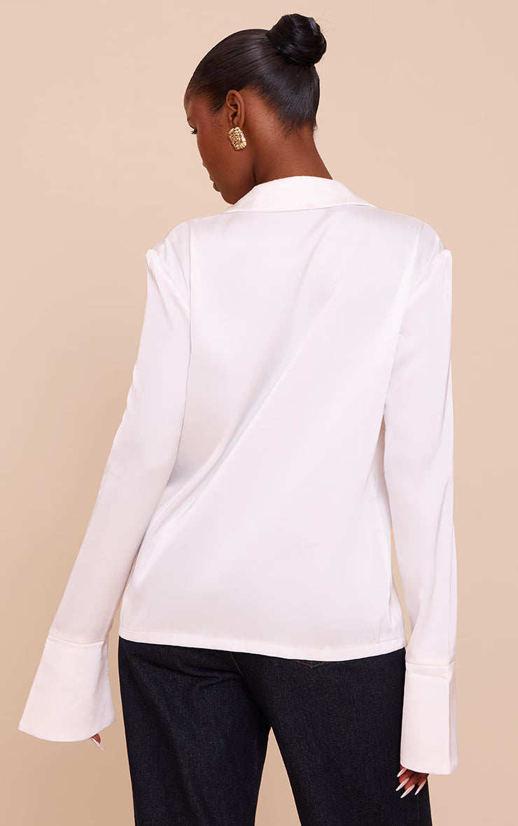 White Satin Hook And Eye Detail Oversized Shirt