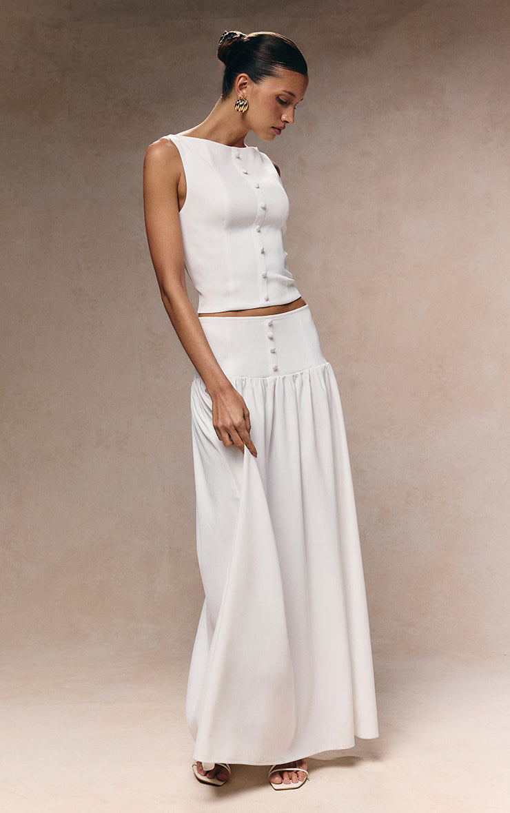 White Woven Pleated Midaxi Skirt