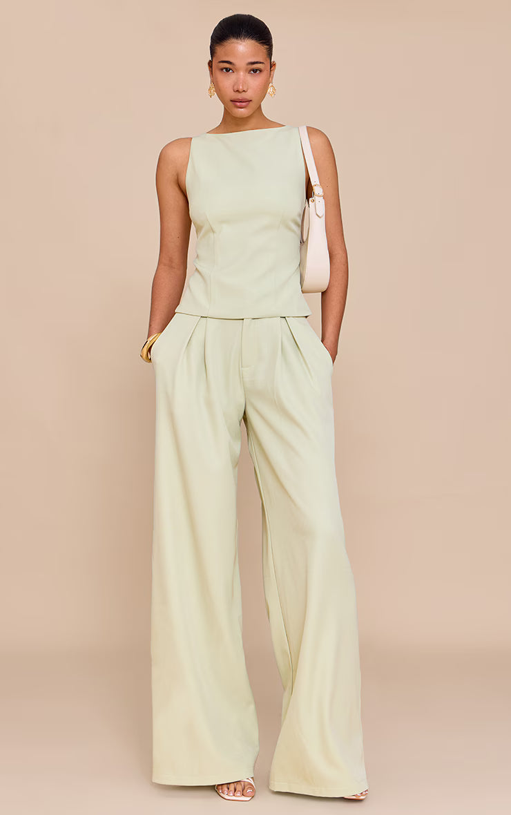 Pale Lime Woven Tailored Wide Leg Pants
