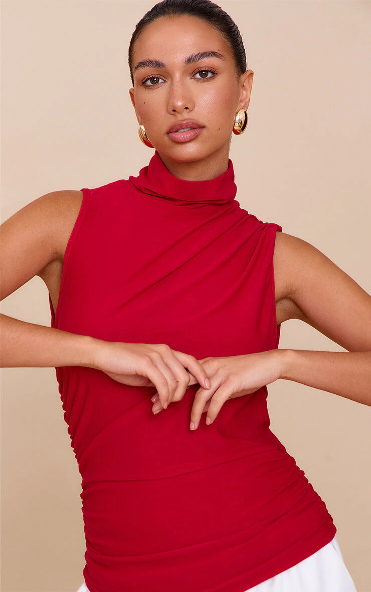 Red Soft Touch Ruched Side High Neck Top
