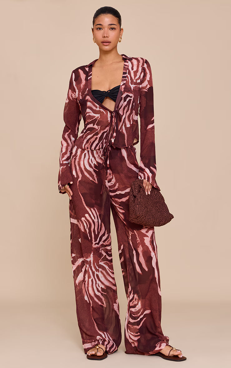 Brown Chiffon Abstract Print Long Sleeve Tie Front Shirt