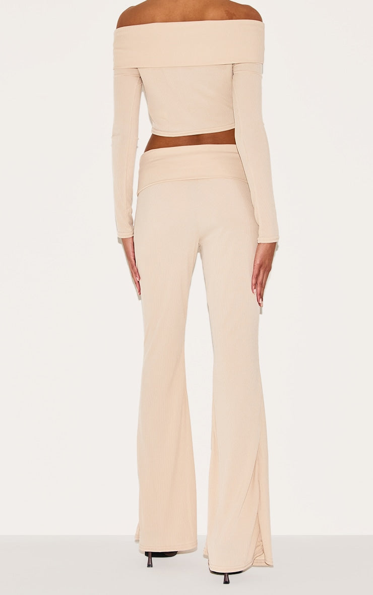 Beige Rib Low Rise Foldover Flared Pants