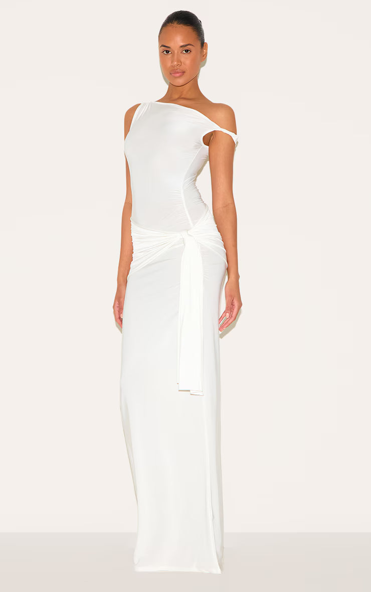 Cream Slinky Off Shoulder Wrap Detail Maxi Dress